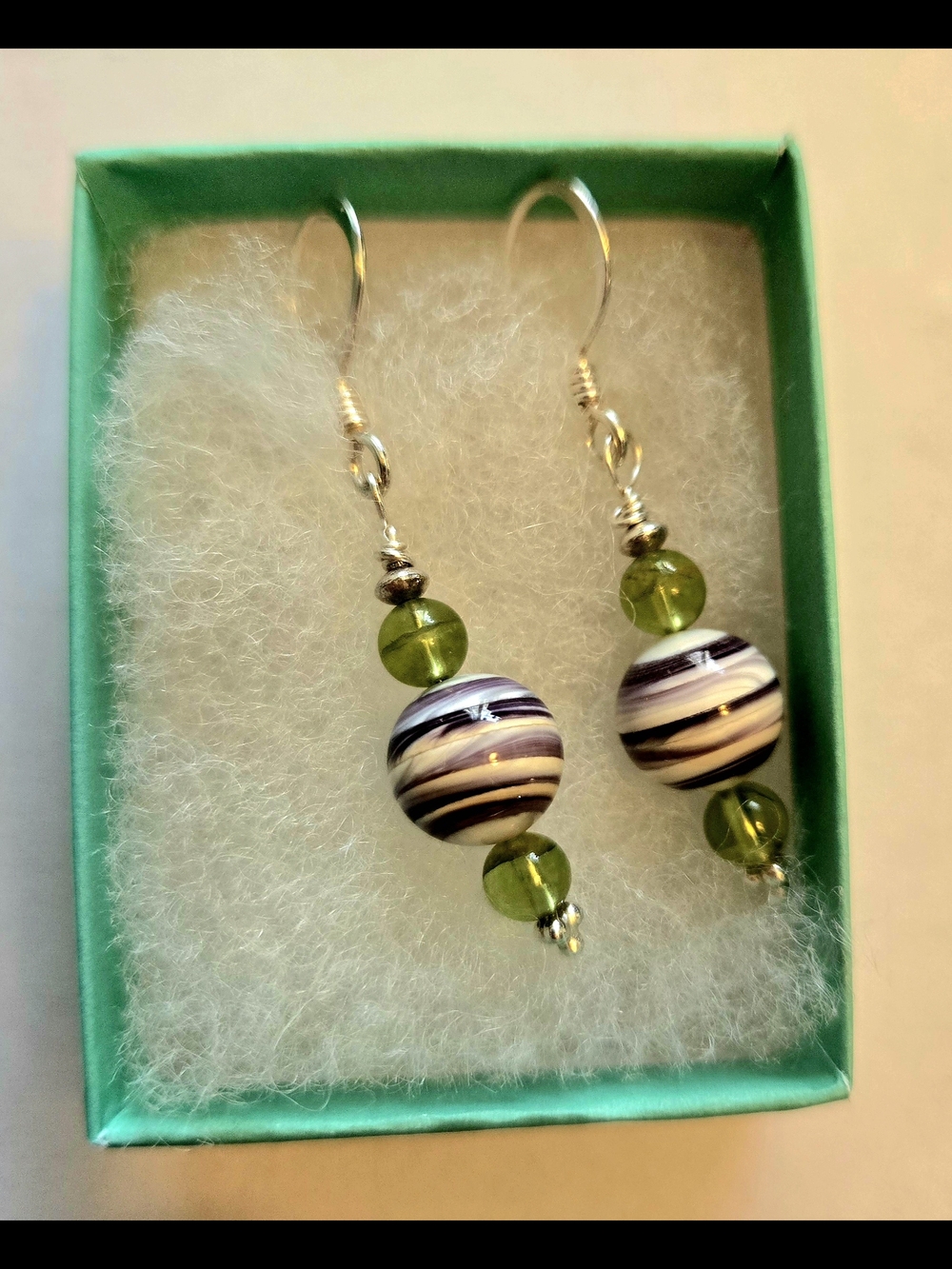 Handmade Peridot & Wampum Bead Drop Earrings Sterling Silver
